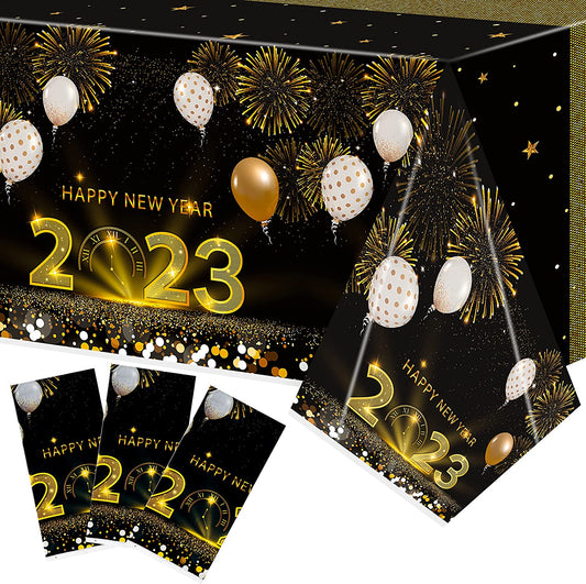 BkeeCten 3Pack 2023 Happy New Year Tablecover New Year Eve Decorations Table Cover Black and Gold Rectangle Disposable Tablecloth for New Year Party Celebration Carnival Party Table Supply, 54x108Inch