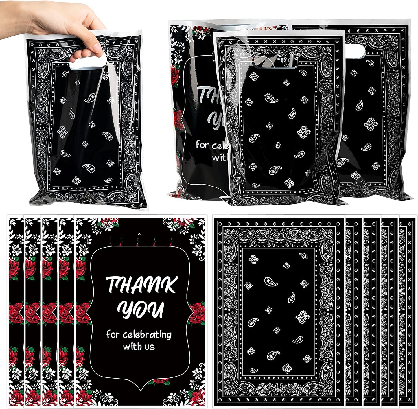 BkeeCten 50PCS Black Bandana Party Favors Bag with Handle Plastic Chicano Thank You Gift Goody Treat Candy Bags Black Western Bandana Return Gift Bags for Old School Cholo Theme Birthday Party Supply