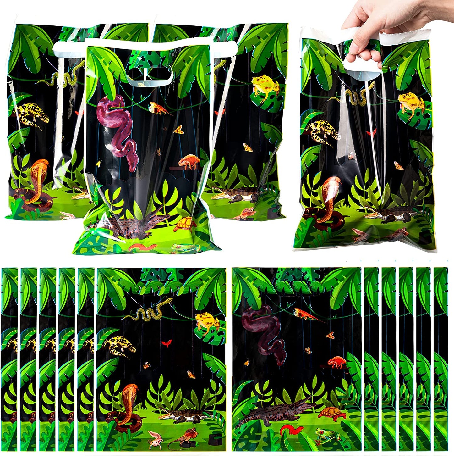 BkeeCten 50Pcs Reptile Swamp Party Favor Bags Lizard Snake Goody Candy Treat Bags Plastic Wildlife Alligator Turtle Jungle Animal Gift Goodie Bag for Kids Reptile Swamp Birthday Baby Shower Supplies