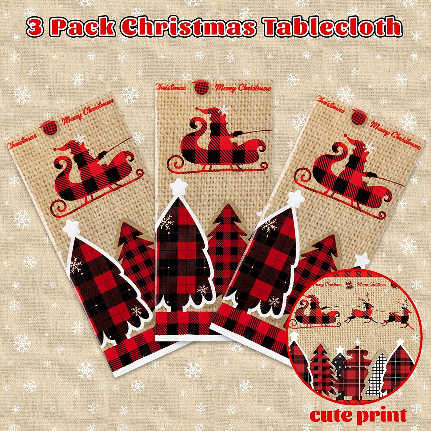 BkeeCten 3 Pack Merry Christmas Plaid Tablecloth Decoration, Vintage Buffalo Plaid Plastic Rectangle Disposable Tablecover for Xmas Winter Holiday Birthday Party Table Cloth Decor Supplies, 108x54Inch