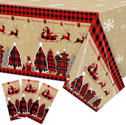 BkeeCten 3 Pack Merry Christmas Plaid Tablecloth Decoration, Vintage Buffalo Plaid Plastic Rectangle Disposable Tablecover for Xmas Winter Holiday Birthday Party Table Cloth Decor Supplies, 108x54Inch